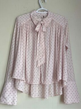 Free People Blush Pink Polka Dot Tie-Neck Top